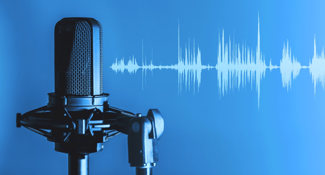Blue graphic with podcast mic and audio waves