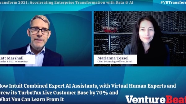 Screenshot of webinar featuring two speakers - Matt Marshall, Founder & CEO of VentureBeat and Marianna Tessel, CTO of Intuit.