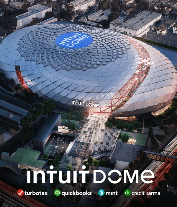 Aerial rendering of Intuit Dome in Inglewood, CA