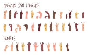 American sign language numbers horizontal poster with many race's hands. Different skin colors vector illustration for ASL education poster.