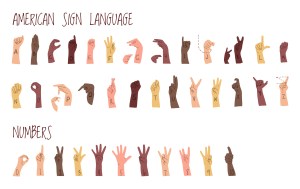 American sign language numbers horizontal poster with many race's hands. Different skin colors vector illustration for ASL education poster.