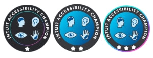 Three badges showing the different levels of Accessibility Champions growing from one to three stars with icons.