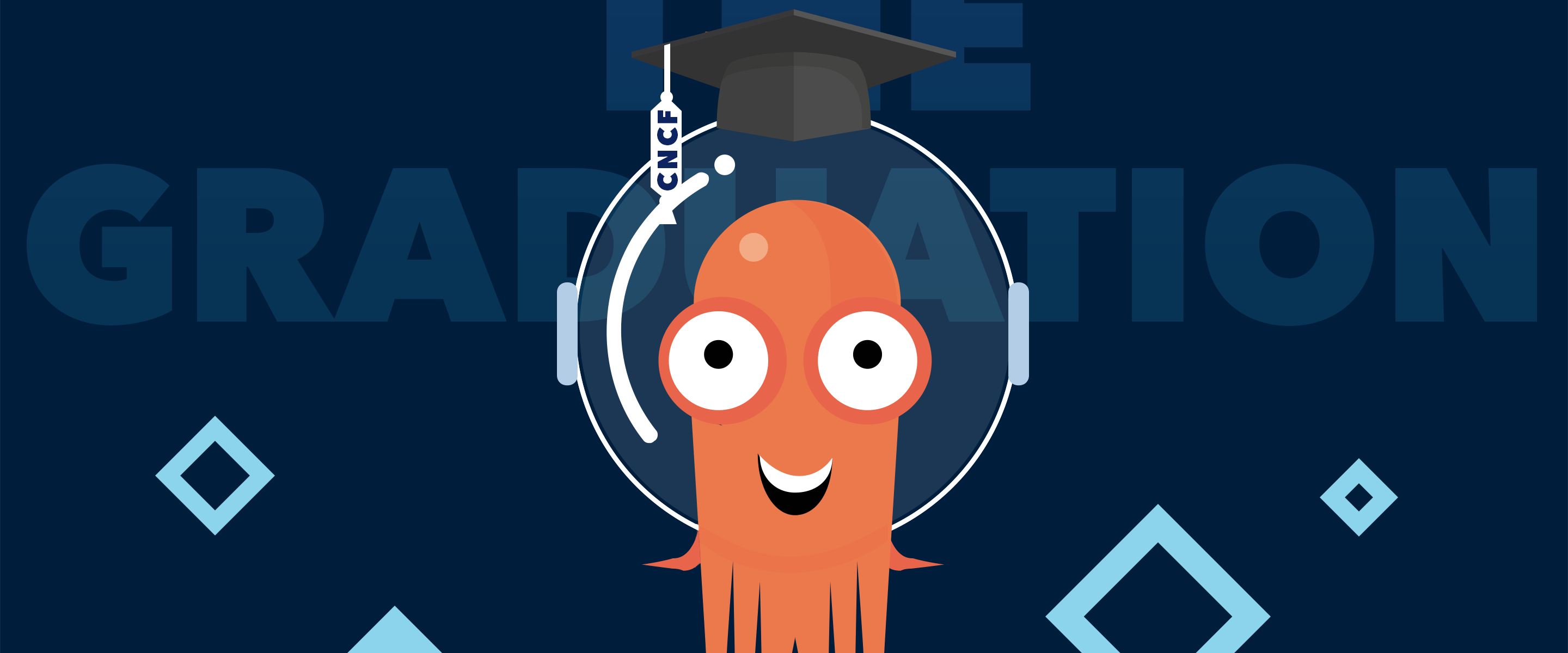 The orange Argo cartoon octopus is smiling and wearing a graduation hat, in front of text that says "The Graduation"