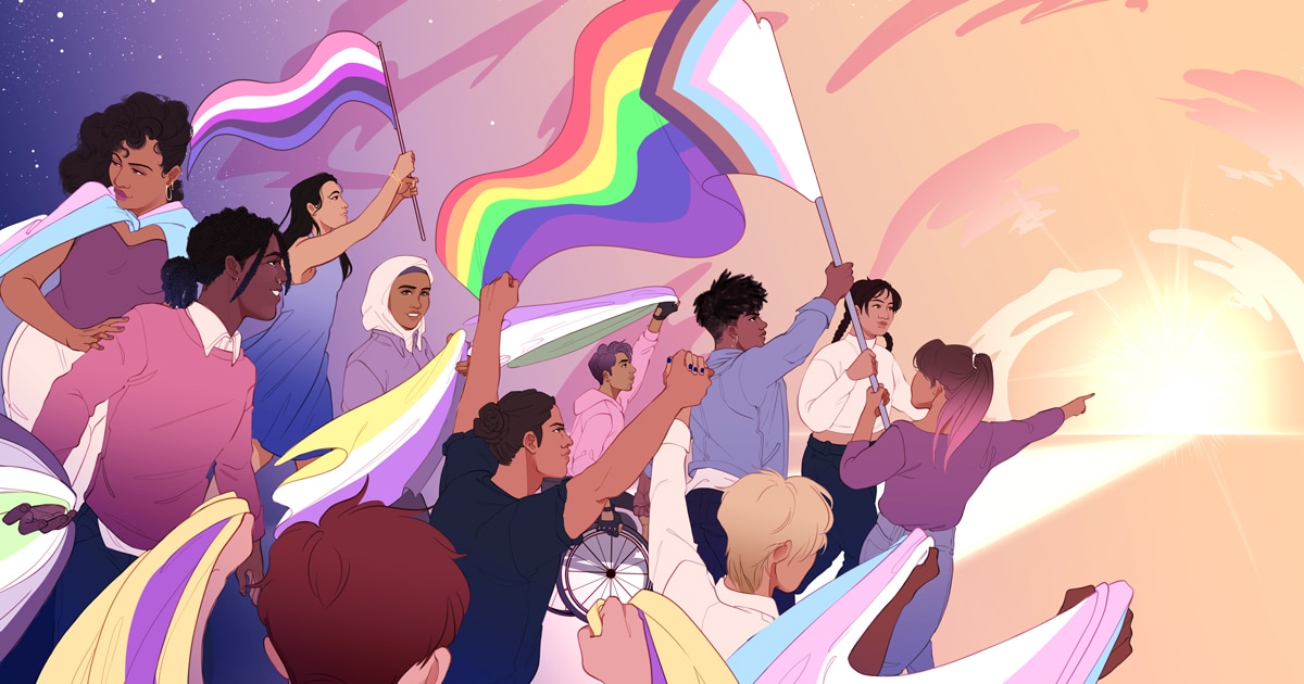 An illustration of different races of people holding Trans and Pride flags while marching together.