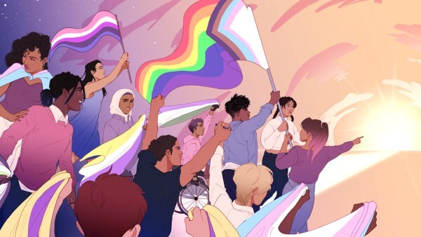 An illustration of different races of people holding Trans and Pride flags while marching together.