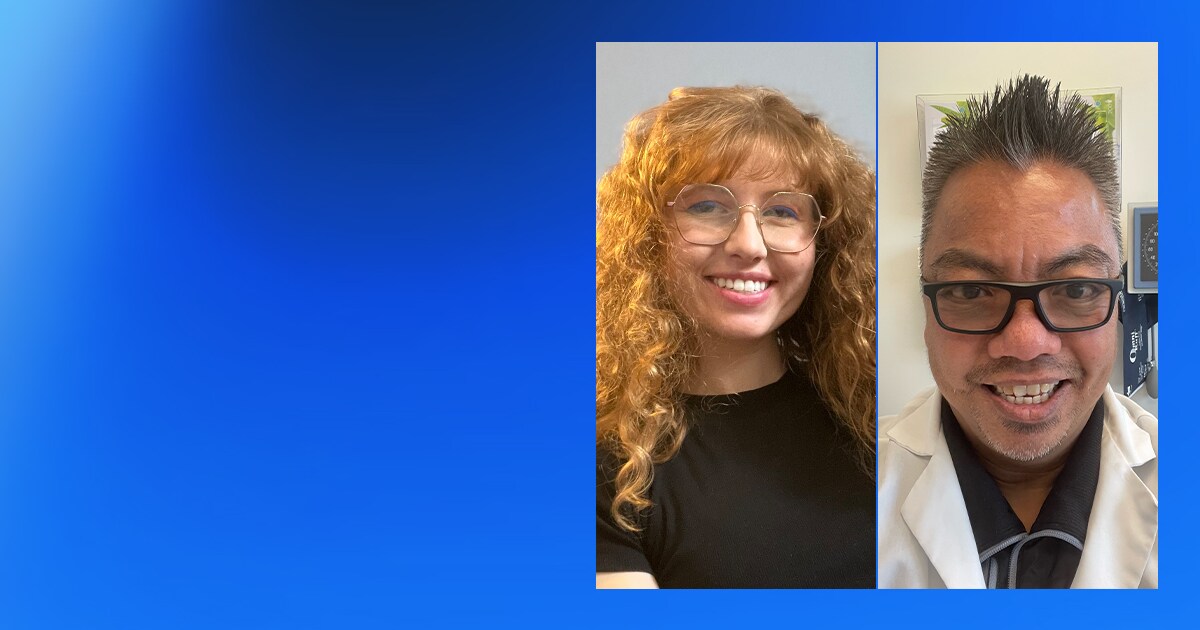 A woman with red curly hair and a man in a lab coat with glasses.