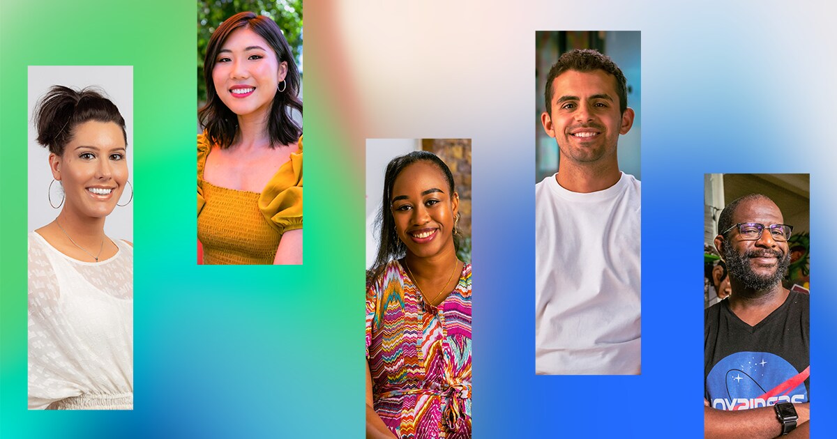 Multiple photos of small business owners over a blue/green gradient background