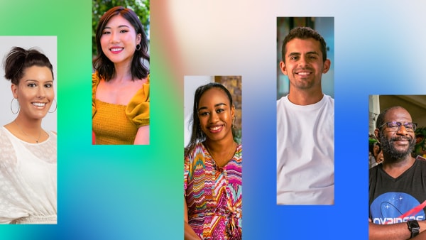 Multiple photos of small business owners over a blue/green gradient background