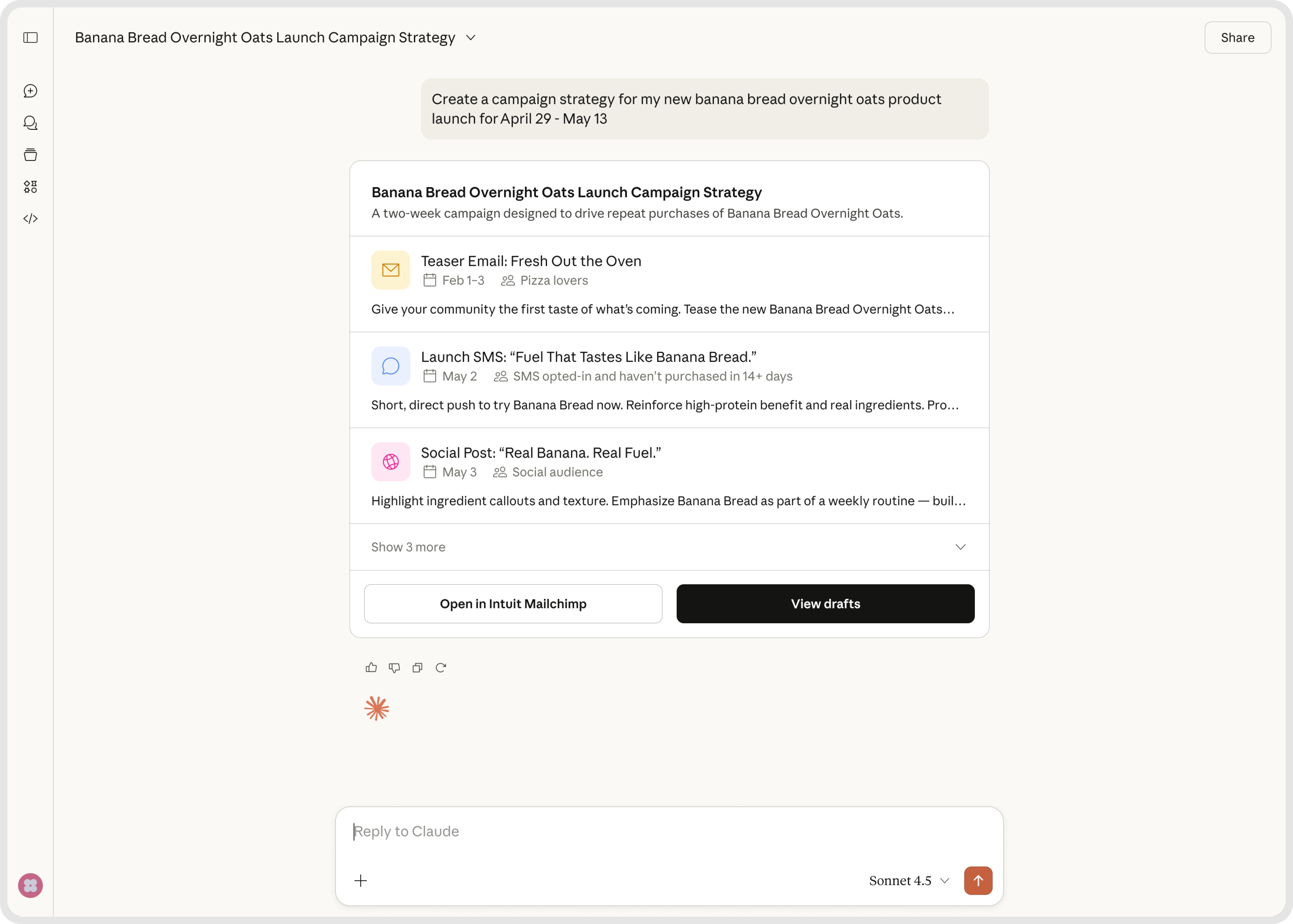A desktop screenshot using MailChimp for Claude to plan out a launch campaign strategy for a fictitious company's Banana Bread-flavored overnight oats product.
