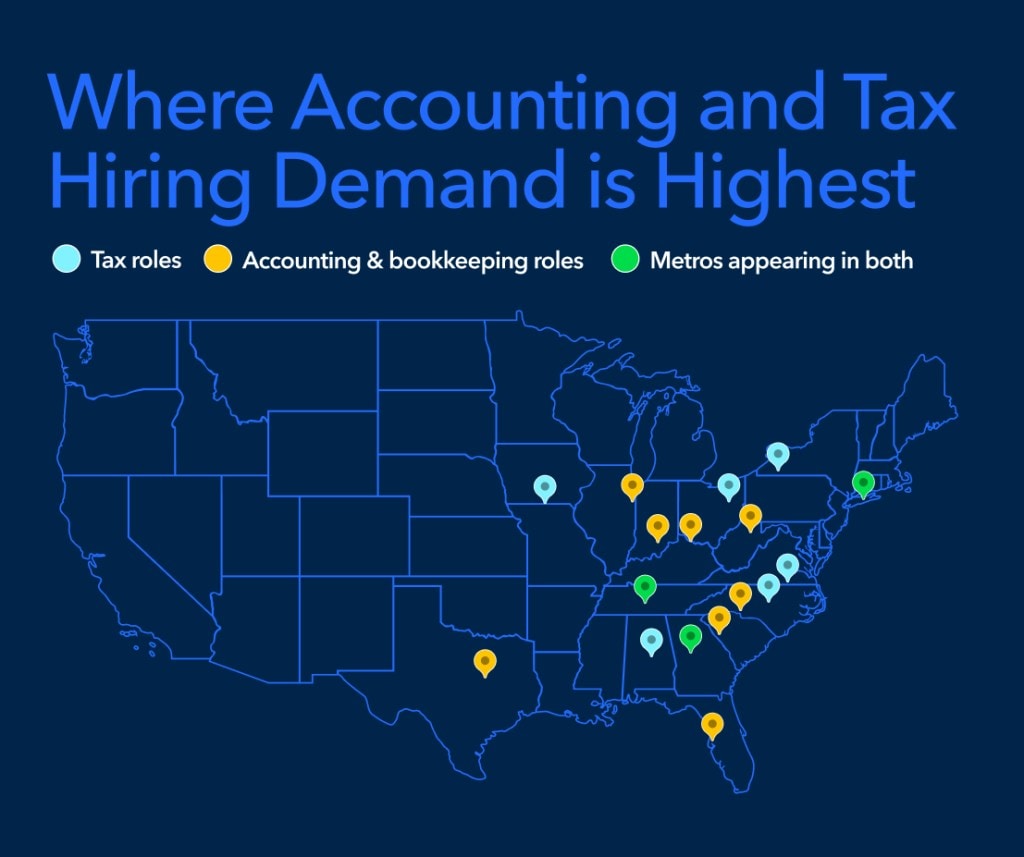 A map of the United States showing the locations where hiring demand for tax and accounting jobs is the highest