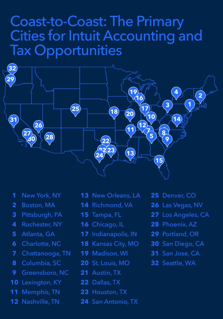 A map of the United States showing the primary cities for Intuit accounting and tax career opportunities