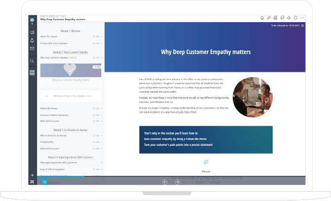 Design for Delight course dashboard shown on a laptop screen