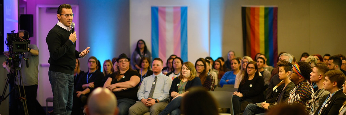 Intuit CEO, Sasan Goodarzi speaking to employees