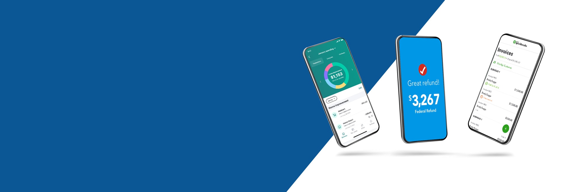 3 mobile devices showcasing QuickBooks, TurboTax, and Mint