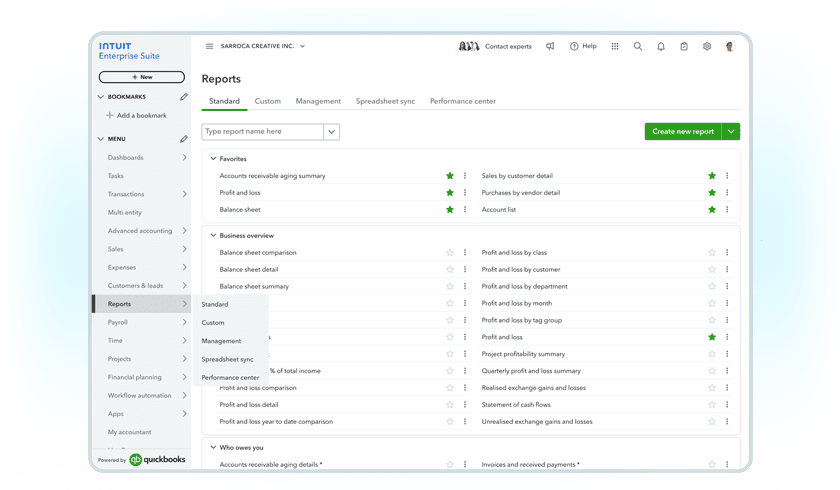 Intuit Enterprise Suite business intelligence product screen