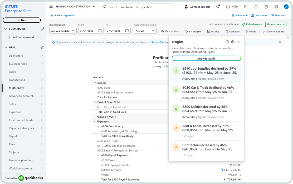 A product screen of Intuit Enterprise Suite Business Intelligence AI-powered report insights interface