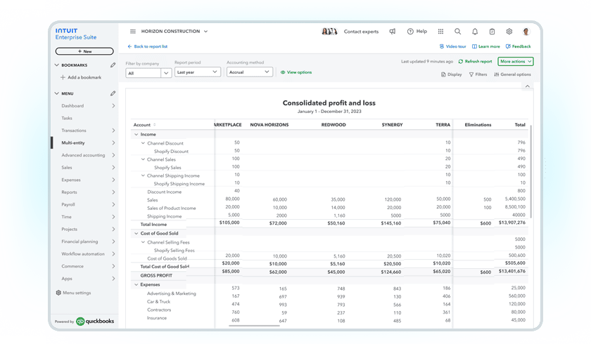 Intuit Enterprise Suite consolidated reporting product screen