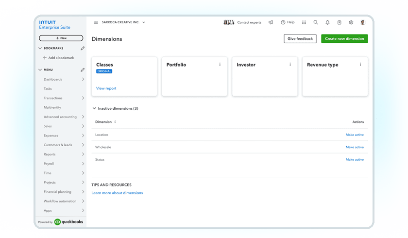 Intuit Enterprise Suite multi-dimensional reporting product screen