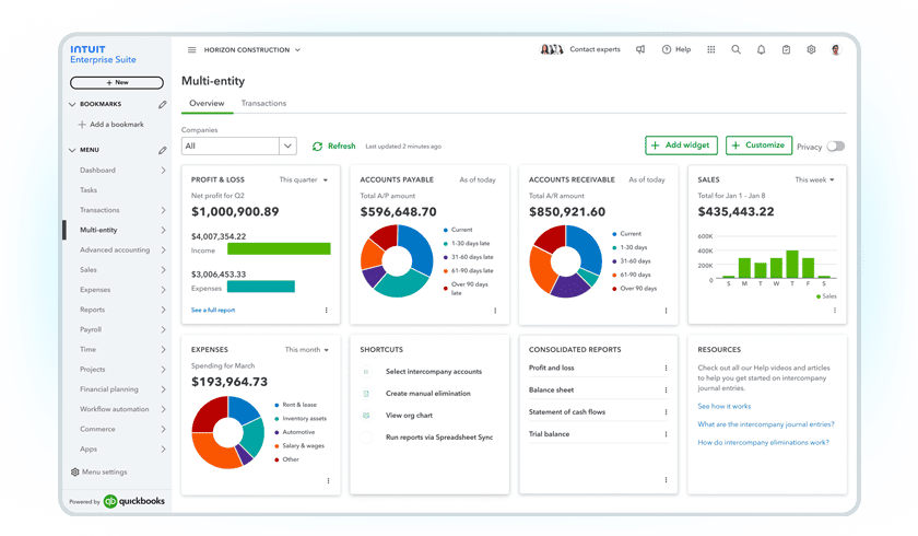 Intuit Enterprise Suite multi-entity hub product screen