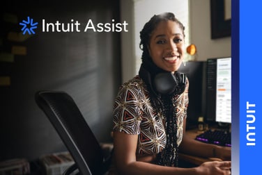 A woman smiling with a computer behind her. Intuit Assist logo on the upper left corner