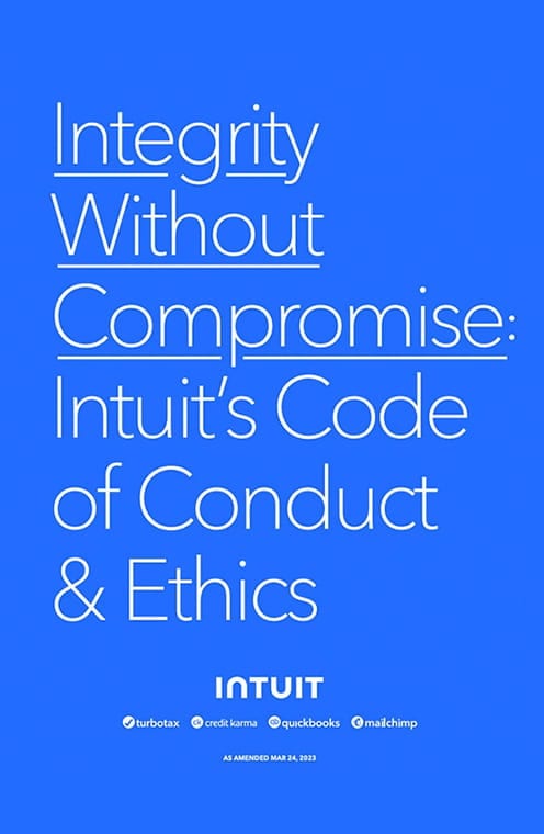 Intuit Code of Conduct & Ethics blue background with the words Intuit Code of Conduct & Ethics written on top of it