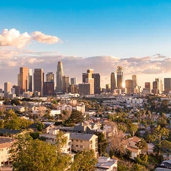 A city skyline with a large building in the background.