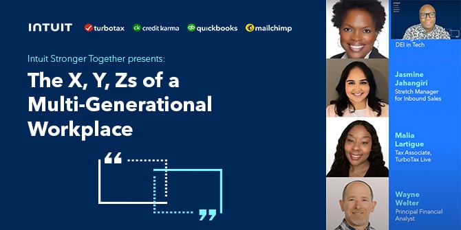 Intuit Stronger Together presents: The X, Y, Zs of a Multi-Generational Workplace webinar banner.