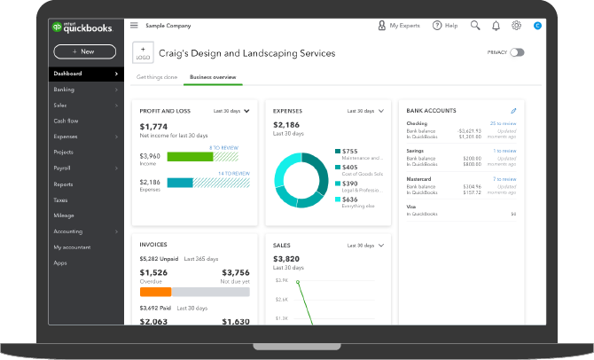 QuickBooks Online dashboard show on a laptop screen