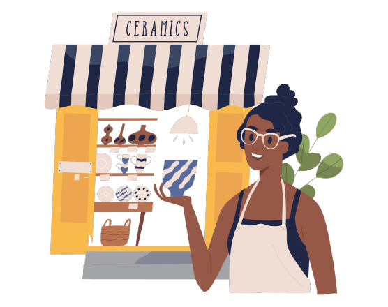 A illustration showing a small business owner in front of her store. 