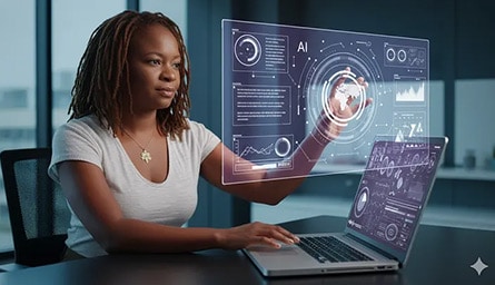 A person in a black shirt typing on a laptop.