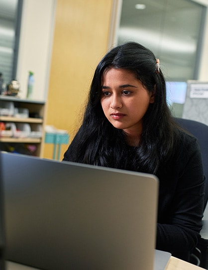 A person sitting at a desk looking at a laptop.