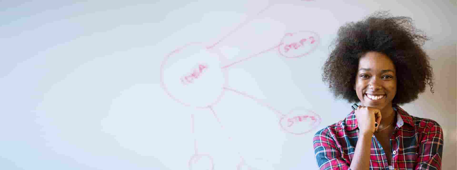 Woman holding a marker infront of a whiteboard