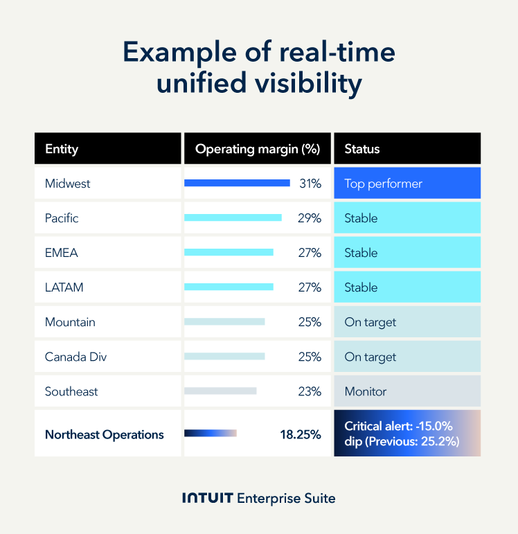 An image showing an example of a 15% margin dip in one unit of a multi-entity financial dashboard.
