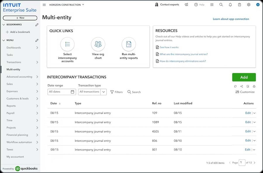 An example of multi-entity in Intuit Enterprise Suite.