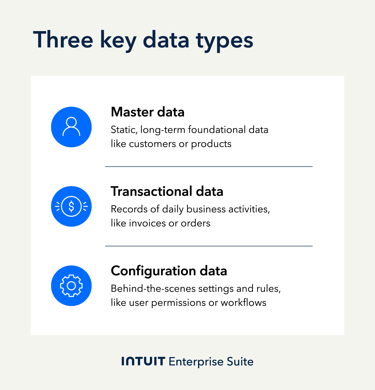 An image listing the three key data types in ERP systems.