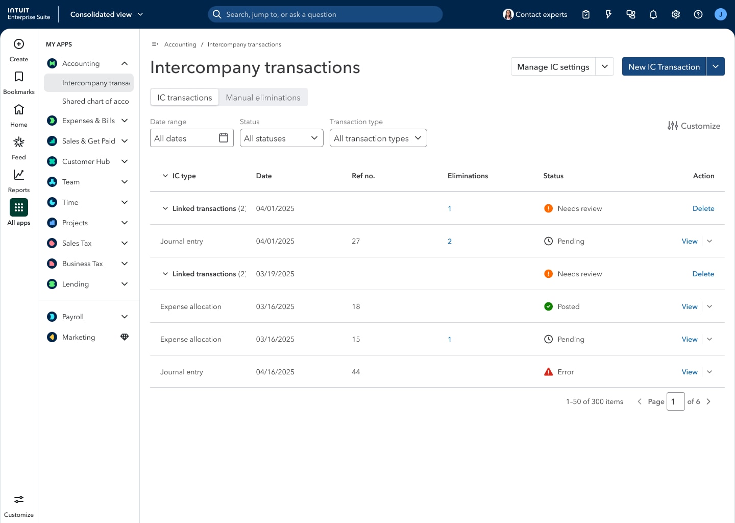 Intercompany transactions dashboard in accounting software