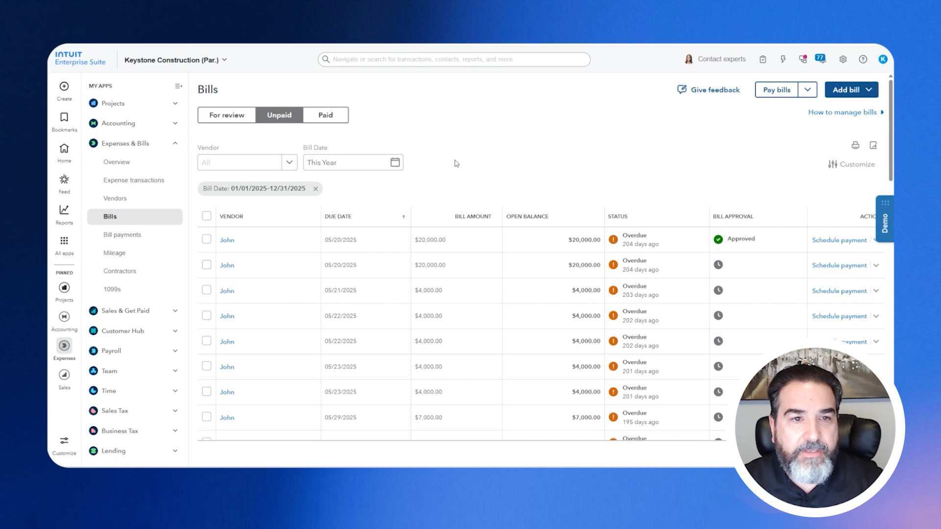 Screenshot of Bills Feature in Intuit Enterprise Suite Platform