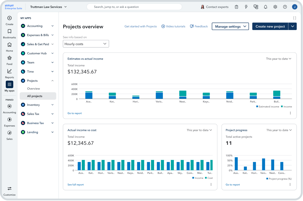 Projects overview dashboard showing income estimates, actual costs, and progress across all projects
