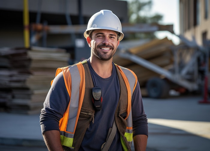 A person in a helmet and apron standing in front of a building.